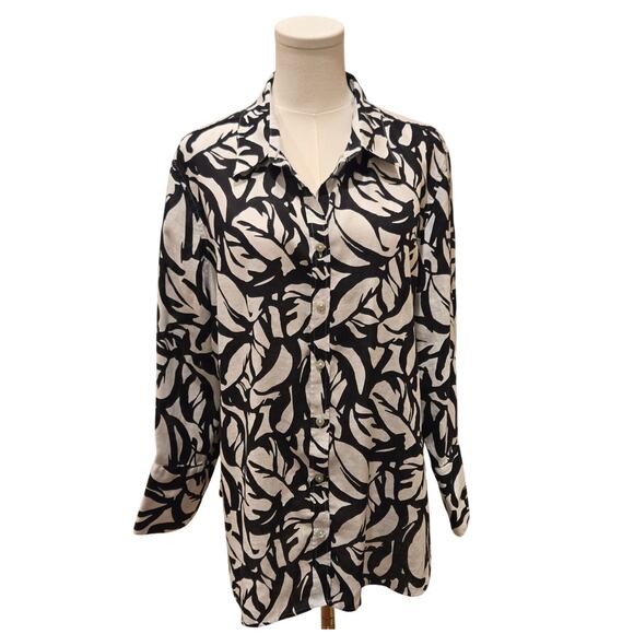 Chico's 100% Linen No Iron 3/4 Sleeve Button Down Shirt Black White Size 16 - Picture 1 of 13
